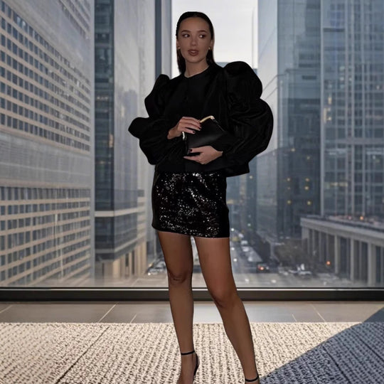Damen Glamouröser Puffärmel Blazer mit schimmerndem Satin-Finish R&B
