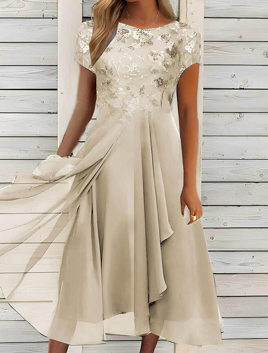 Damen nan fließendes Chiffon-Midikleid mit blumenbesticktem Oberteil und asymmetrischem Stufenrock R&B