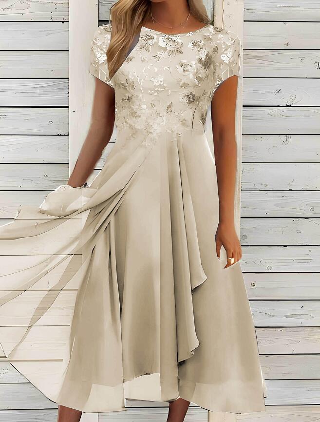 Damen nan elegantes Chiffon-Midikleid mit floraler Spitzenapplikation und fließendem Tellerrock R&B