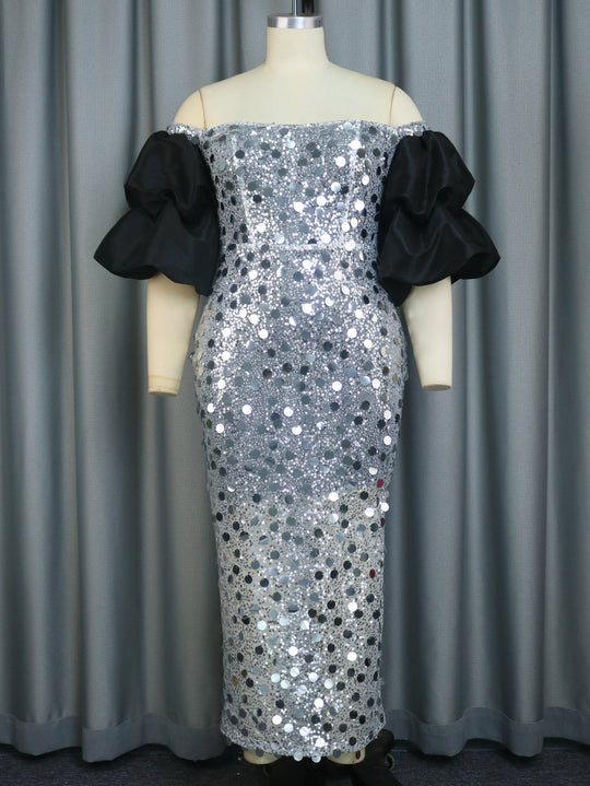 Damen Glitzerndes Abendkleid mit voluminösen Puffärmeln R&B