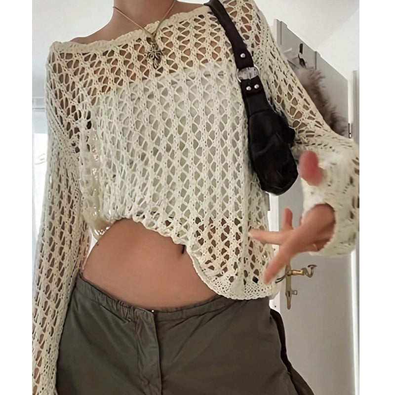 Damen luftiges Häkeloberteil mit weitem Schnitt und transparentem Design R&B