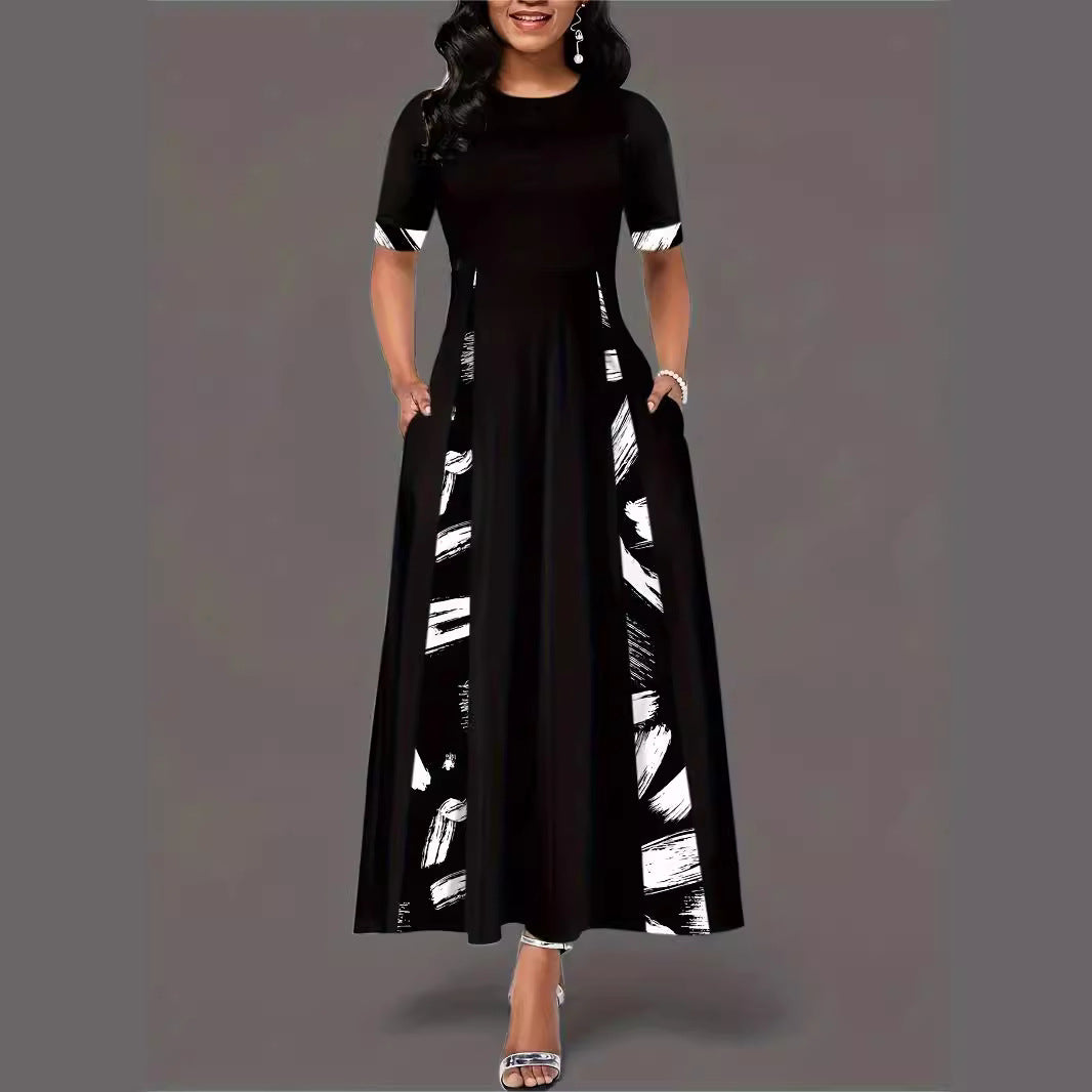 Damen elegantes Maxikleid mit modischem Pinselstrich-Muster und praktischen Taschen R&B