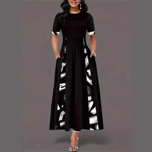 Damen elegantes Maxikleid mit modischem Pinselstrich-Muster und praktischen Taschen R&B