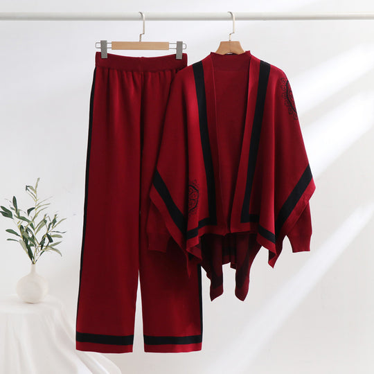 Damen elegantes Strick-Loungewear-Set mit grafischem Muster und weiten Ärmeln R&B