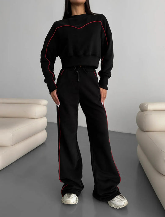 Damen lässiges Fleece-Set mit gemütlichem cropped Oberteil und weiten Hosen R&B