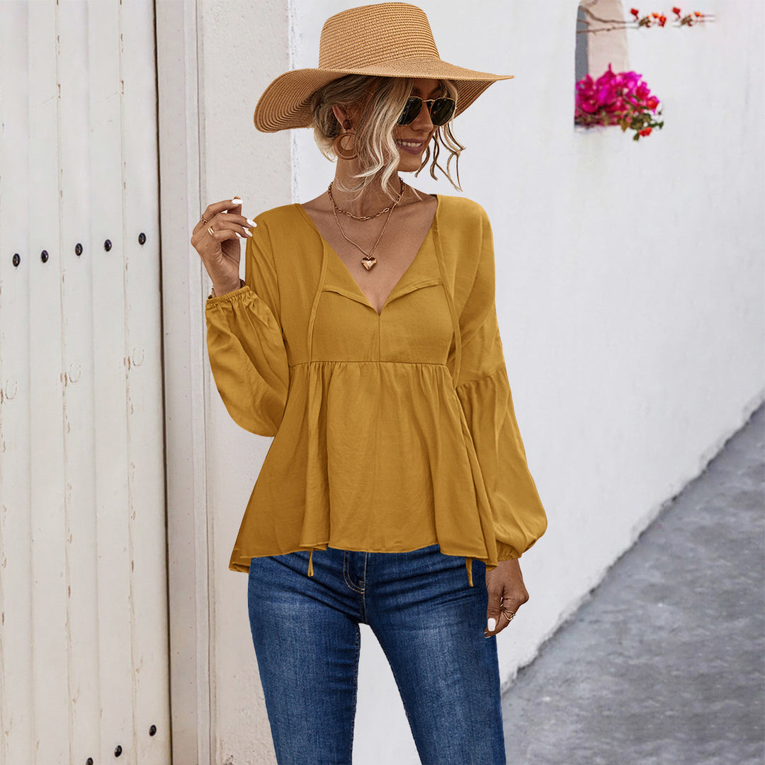 Damen lässige Bluse mit V-Ausschnitt und langen Puffärmeln R&B