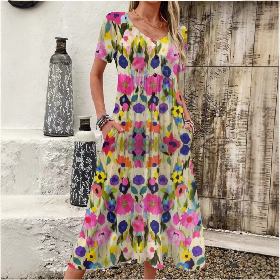 Damen Maxi-Kleid mit floralem Design und praktischen Taschen R&B
