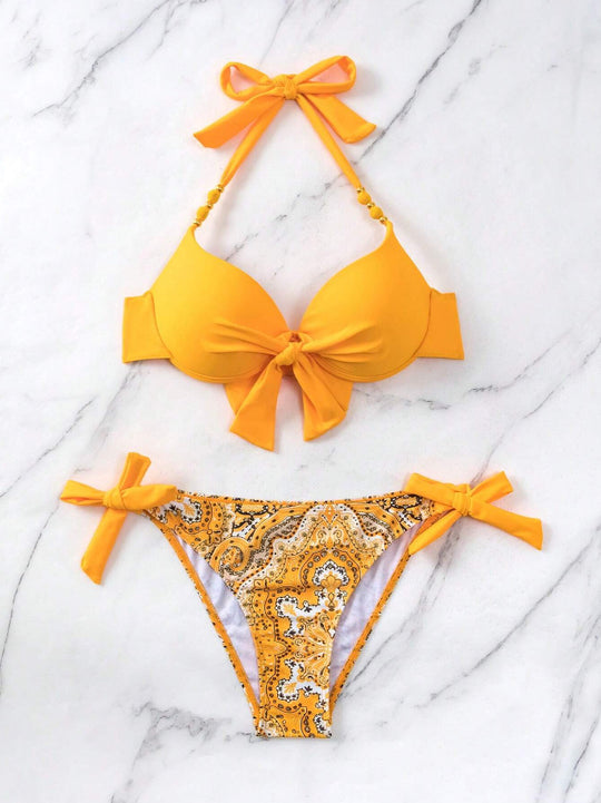 Damen Bikini-Set mit modischem Knoten und bunten Akzenten R&B