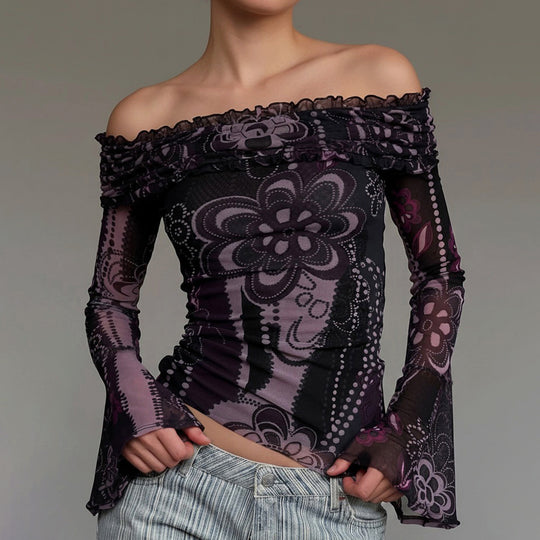Damen Off-Shoulder Oberteil mit voluminösen Ärmeln und floralem Muster R&B
