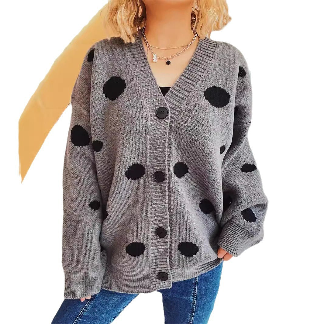 Damen lässige Strickjacke mit modernen Punkten und voluminösen Ärmeln R&B