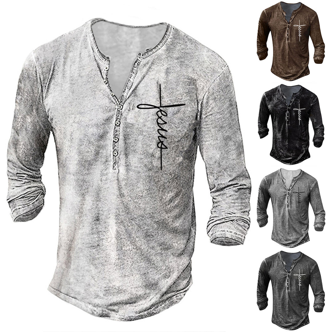 Herren Langarm Henley-Shirt mit kreativem Grafikdruck R&B