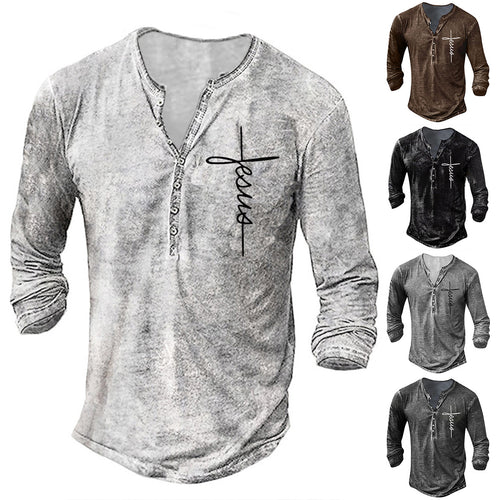 Herren Langarm Henley-Shirt mit kreativem Grafikdruck R&B