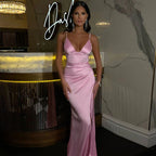 Damen Elegantes Satin-Maxikleid mit schmalem Schnitt und verführerischem V-Ausschnitt R&B