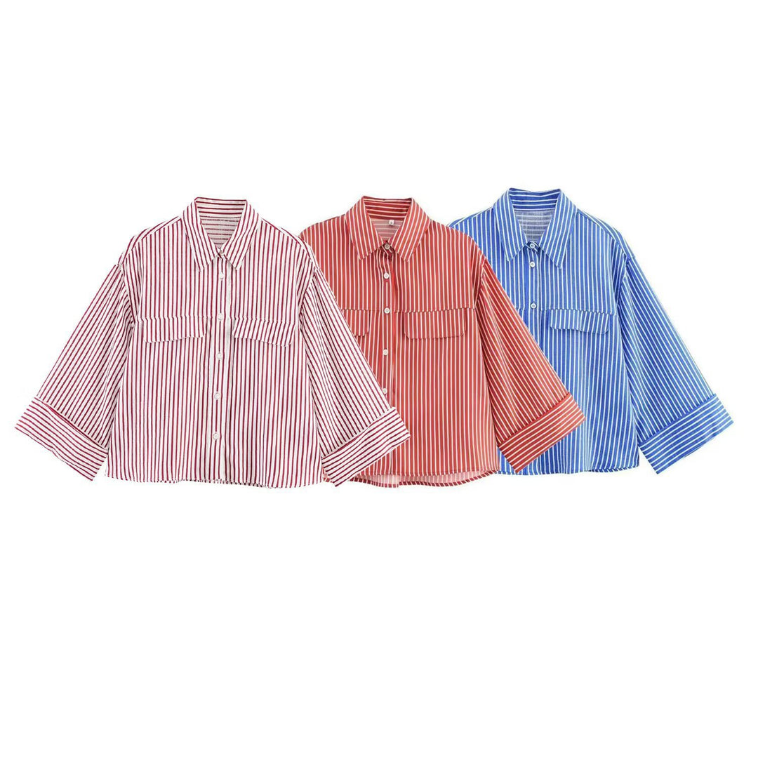 Damen gestreifte Bluse mit voluminösen Ärmeln und praktischen Taschen R&B
