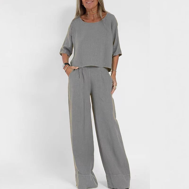Damen luftiges Leinen-Ensemble mit weitem Schnitt und praktischen Taschen R&B