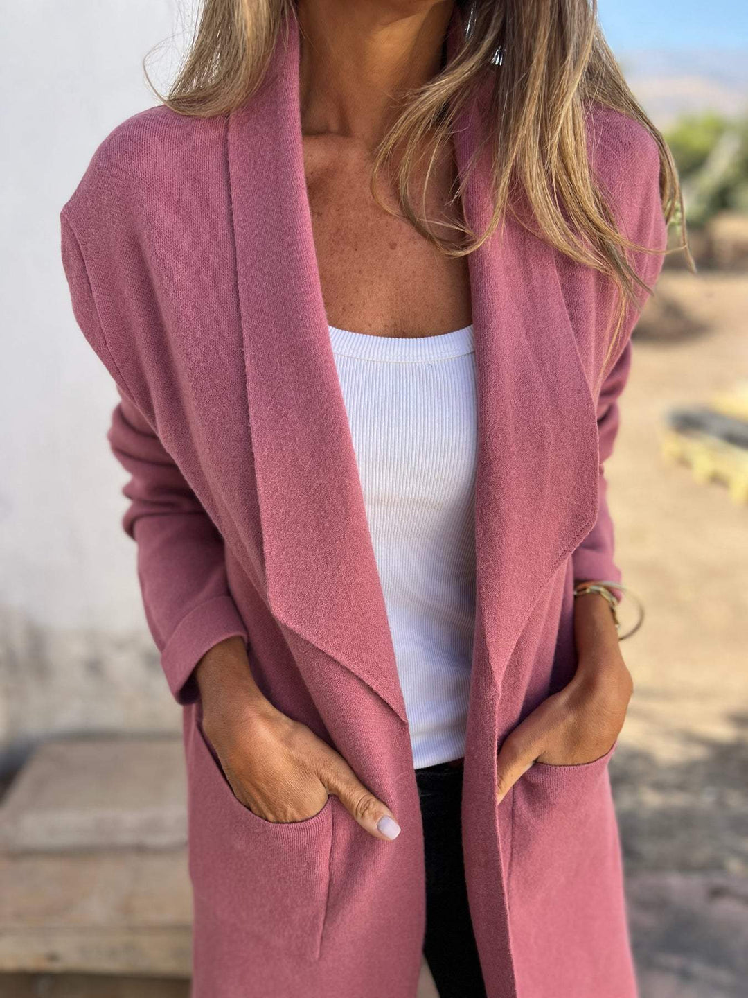 R&B | Einfarbiger Langer Taschen Wollstrickjacke