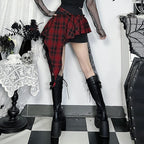 Damen Karo Minirock mit asymmetrischem Schnitt und verziertem Gurt EB