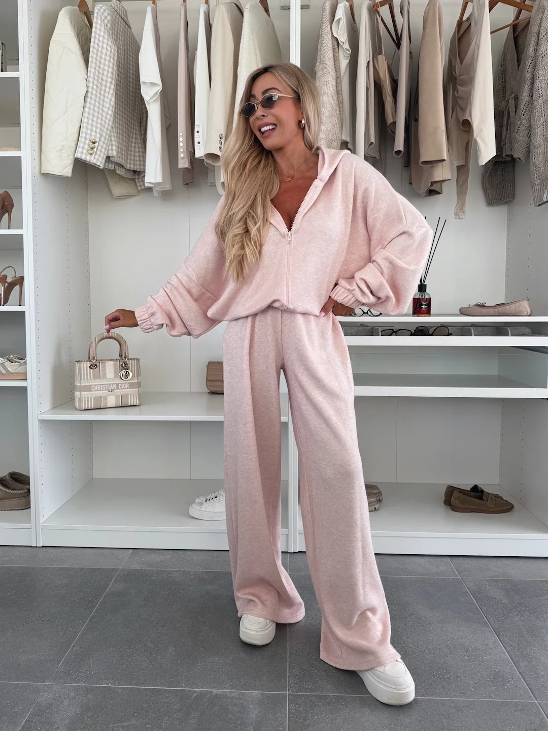 Damen Loungewear-Anzug aus weichem Fleece mit Kapuze und weitem Schnitt R&B