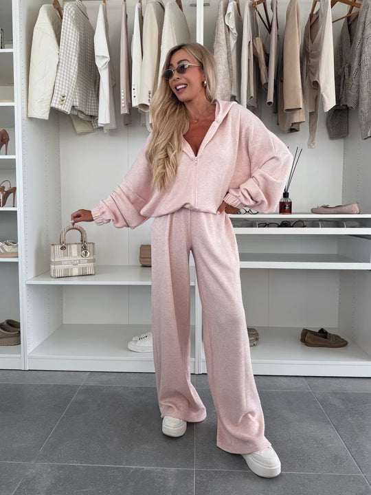Damen Loungewear-Anzug aus weichem Fleece mit Kapuze und weitem Schnitt R&B