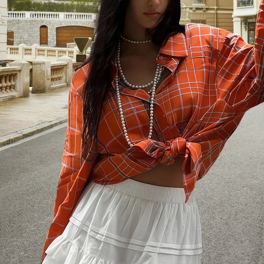 Damen Oversize-Musterhemd mit dekorativer Knopfleiste und lässigem Schnitt R&B
