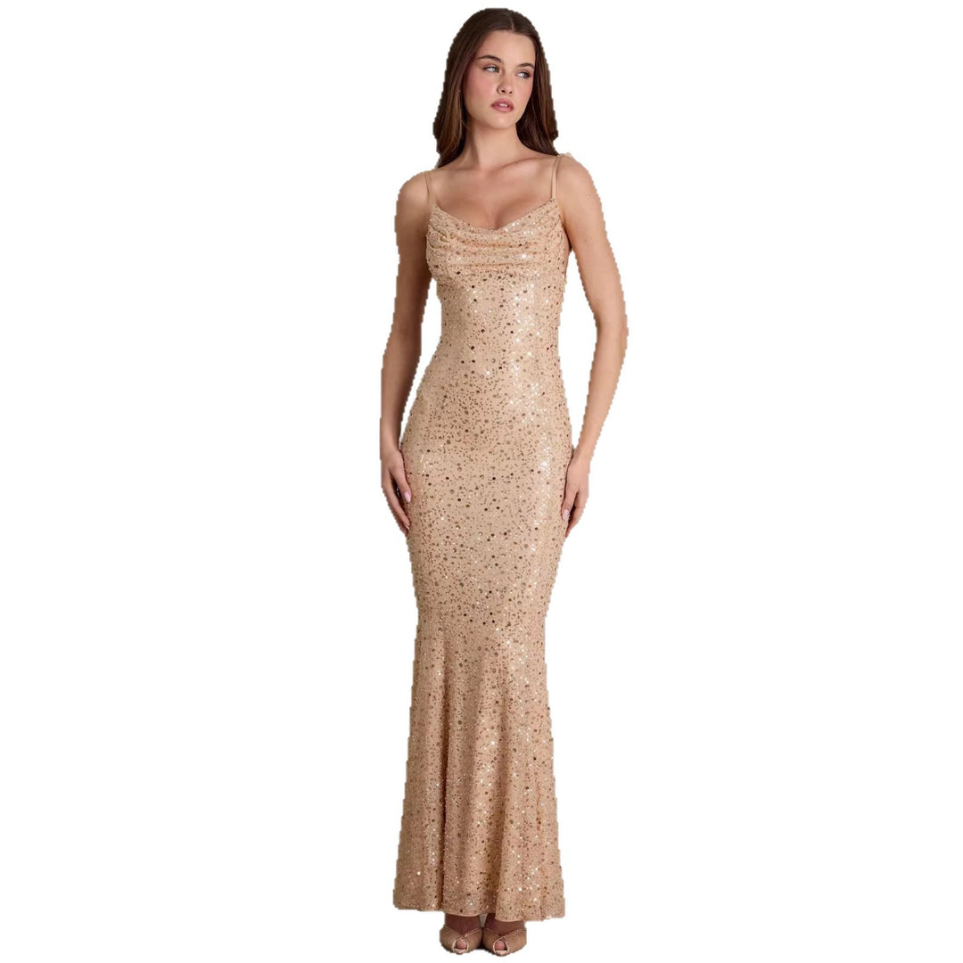 Damen elegantes Pailletten-Maxi-Kleid mit schickem Wasserfallausschnitt und figurbetonter Silhouette R&B