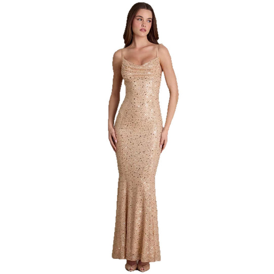 Damen elegantes Pailletten-Maxi-Kleid mit schickem Wasserfallausschnitt und figurbetonter Silhouette R&B