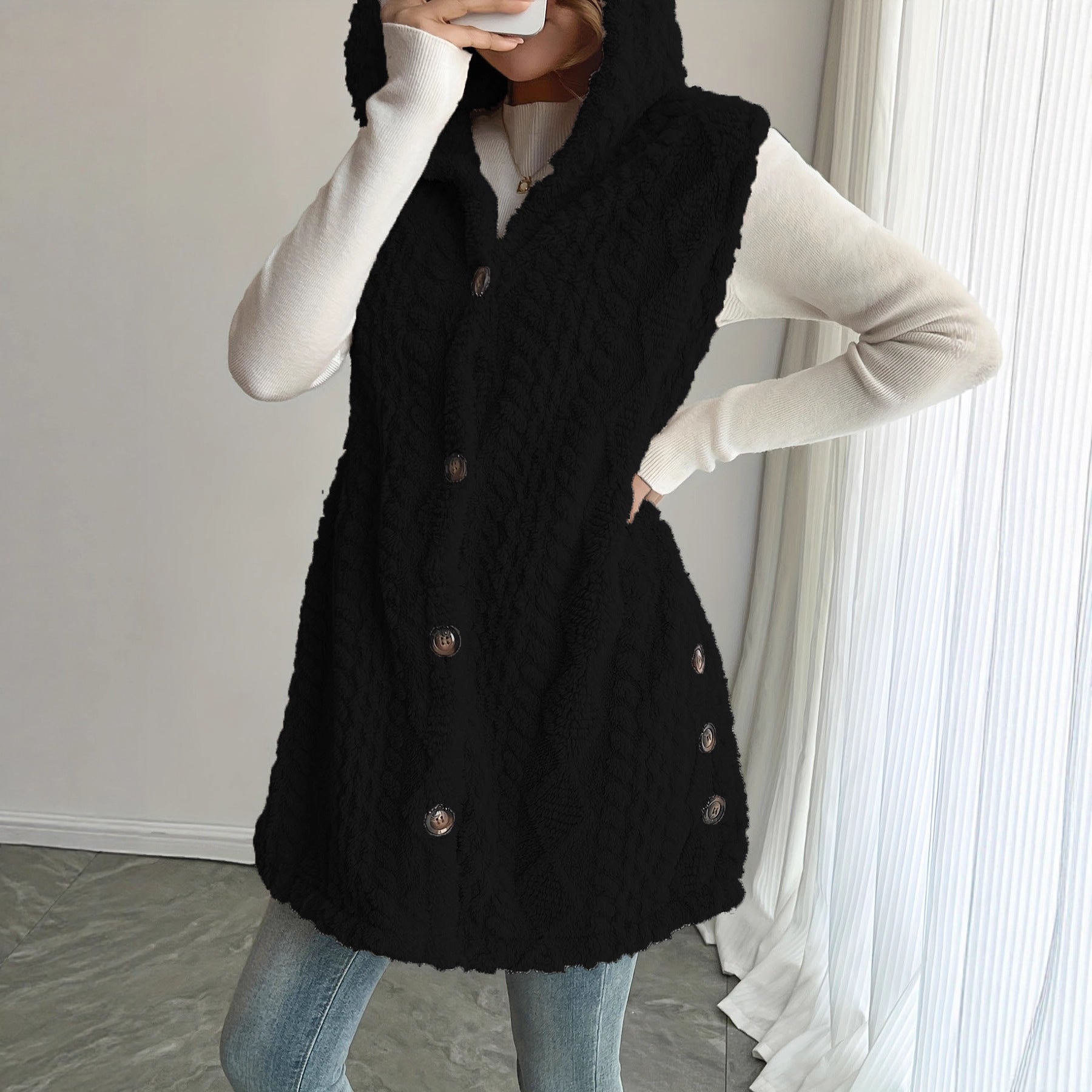 Damen Kuschelige Fleece-Weste mit Kapuze und Knopfverschluss R&B