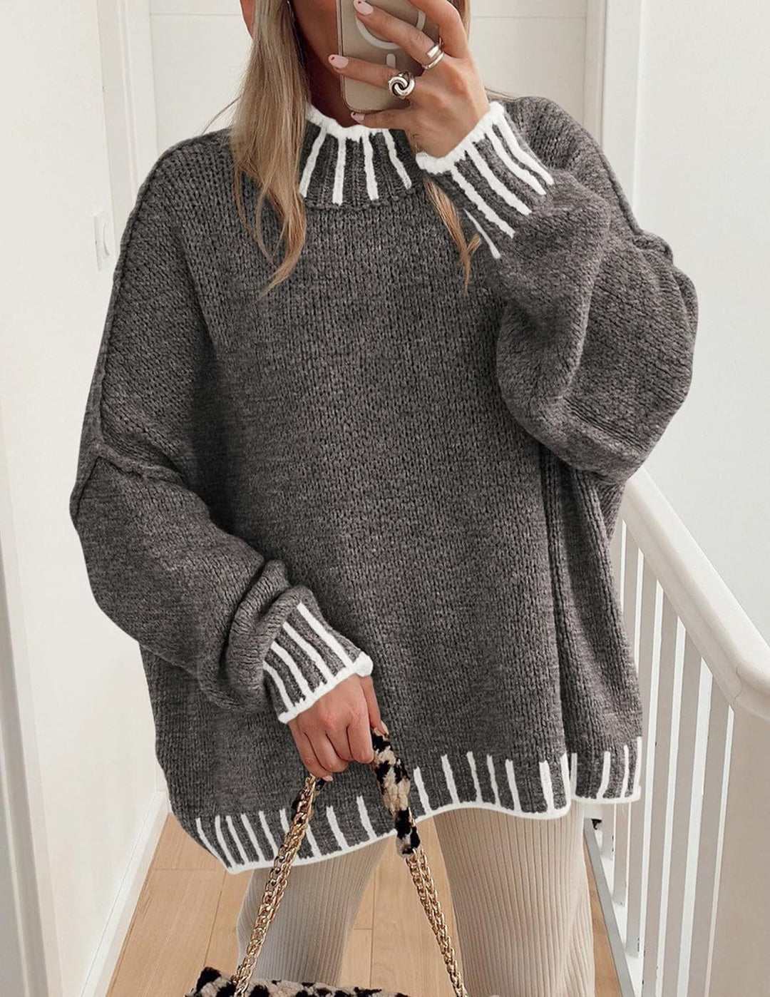 Damen lässiger Grobstrickpullover mit modernem Streifenmuster R&B