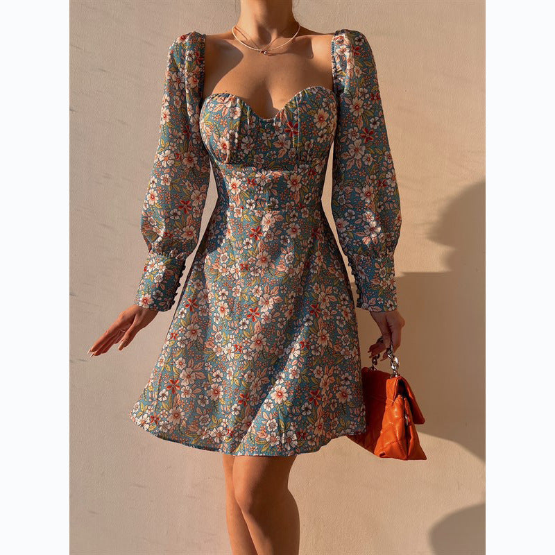 Damen Puffärmel Kleid mit romantischem Blumenmuster und herzförmigem Ausschnitt R&B