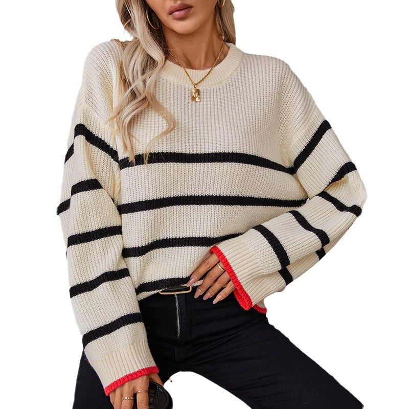 Damen klassischer Strickpullover mit maritimen Streifenmuster und weitem Schnitt R&B