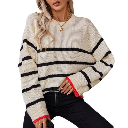 Damen klassischer Strickpullover mit maritimen Streifenmuster und weitem Schnitt R&B