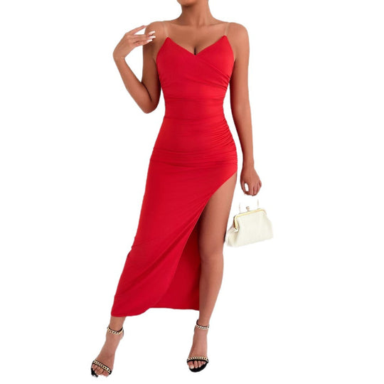 Damen Elegantes Maxikleid mit seitlichem Schlitz und feinen Trägern R&B