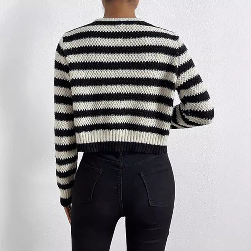 Damen gestreifte Strickjacke mit dekorativen Knöpfen R&B