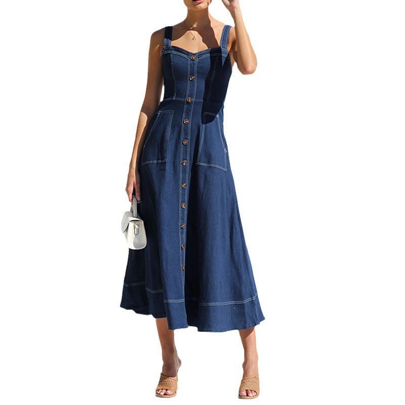Damen langes Jeanskleid mit Knopfleiste und praktischen Taschen R&B