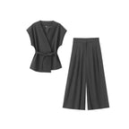 Damen elegantes Wickeloberteil und weite Palazzo-Hose Set R&B