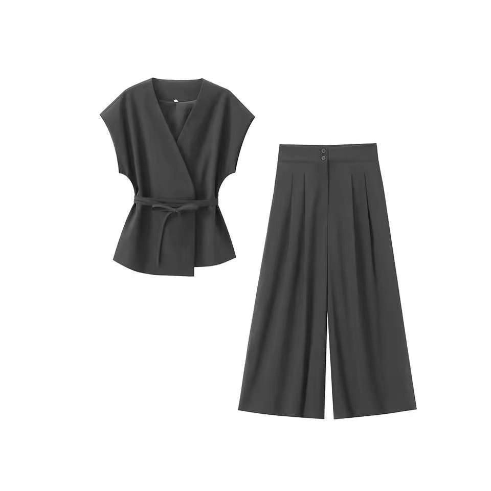 Damen elegantes Wickeloberteil und weite Palazzo-Hose Set R&B