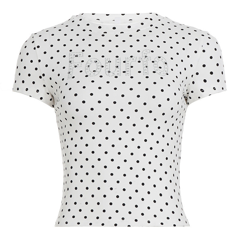 Damen Trendiges Kurzarm-Top mit Pünktchenmuster und glitzerndem Schriftzug R&B