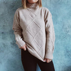 Damen Grobstrickpullover mit elegantem Rautenmuster und hohem Kragen R&B