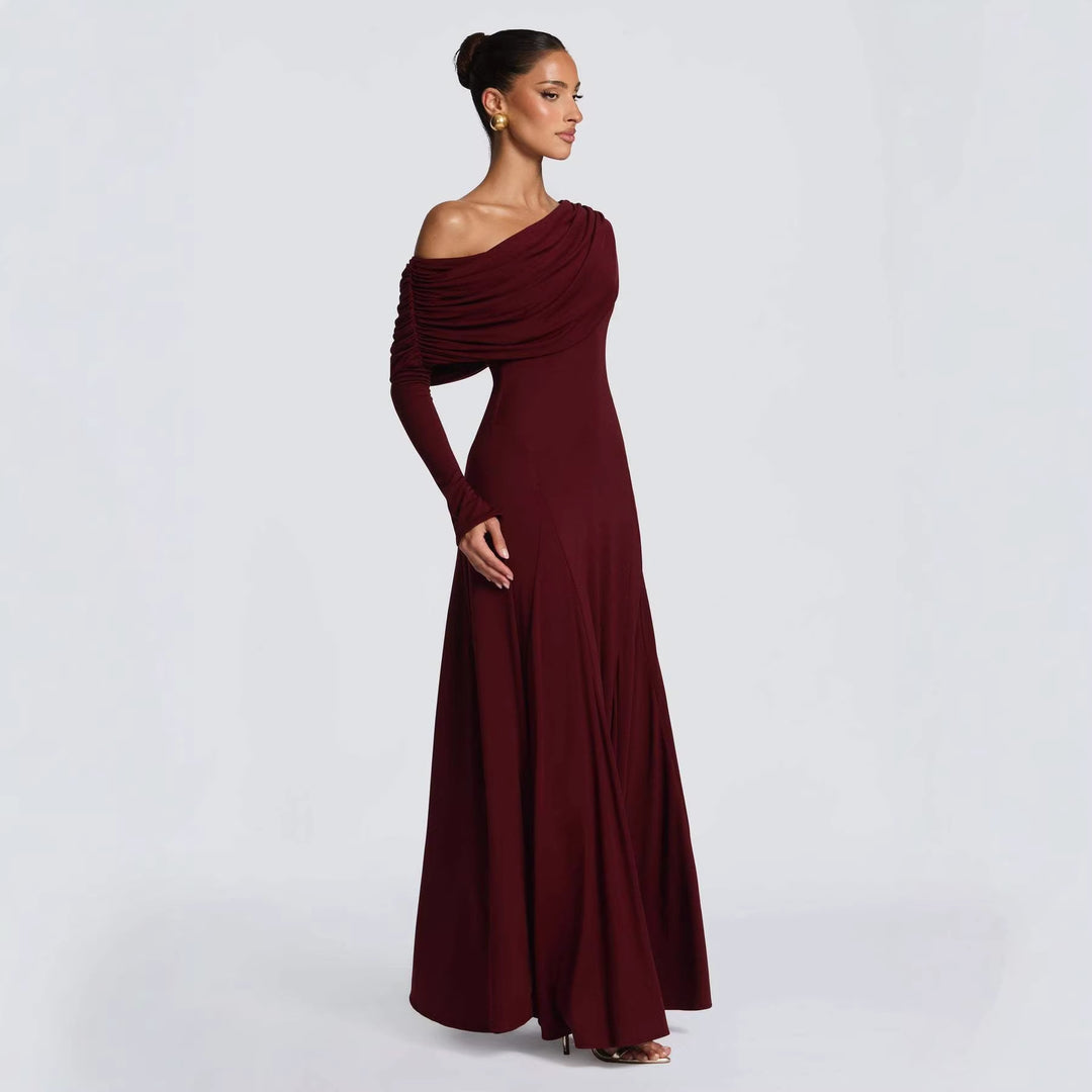 Damen Elegantes Langarm-Maxikleid mit asymmetrischem Drapierungsdetail R&B
