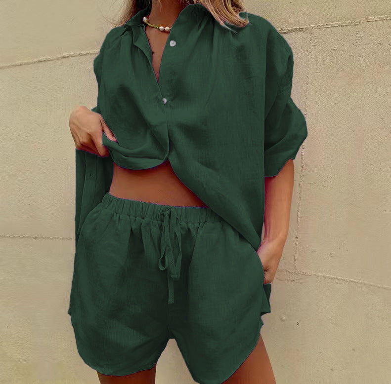 Damen lässiges Leinen-Set mit oversized Hemd und kurzen Hosen R&B