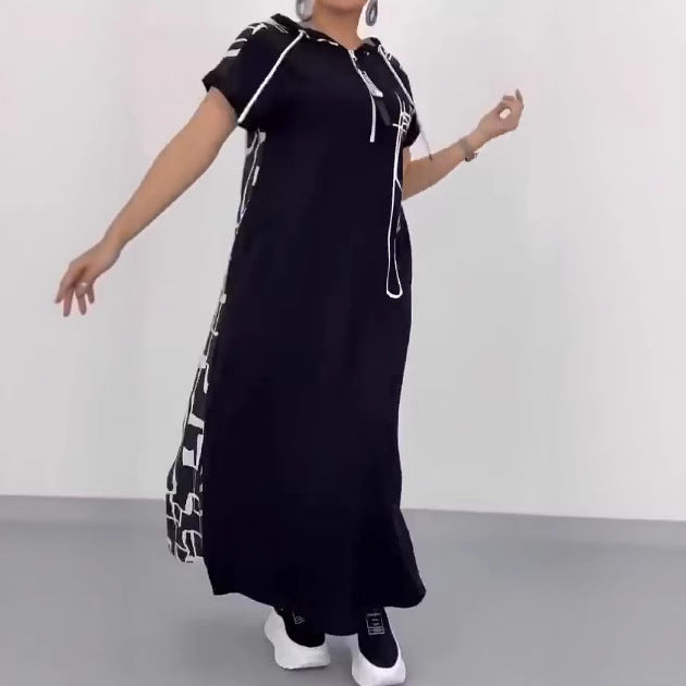 Damen nan urbanes Kapuzen‑Kaftankleid in lockerem Fall mit kurzärmeligem Schnitt und abstraktem Grafikmuster R&B