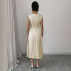 Damen elegantes ärmelloses Midi-Kleid mit drapiertem Ausschnitt R&B