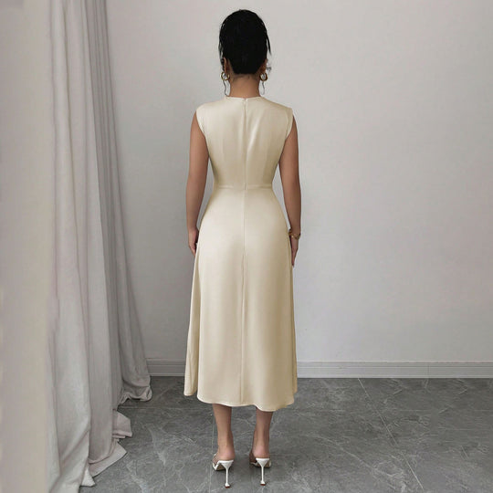 Damen elegantes ärmelloses Midi-Kleid mit drapiertem Ausschnitt R&B