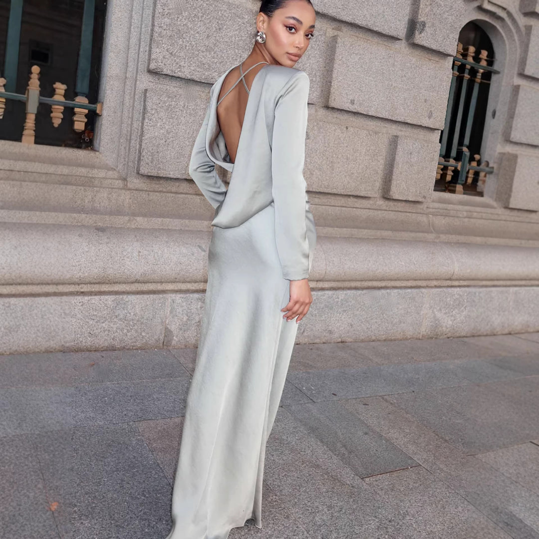 Damen Elegantes Langarmkleid mit glänzendem Satin-Obermaterial und figurbetonter Silhouette R&B