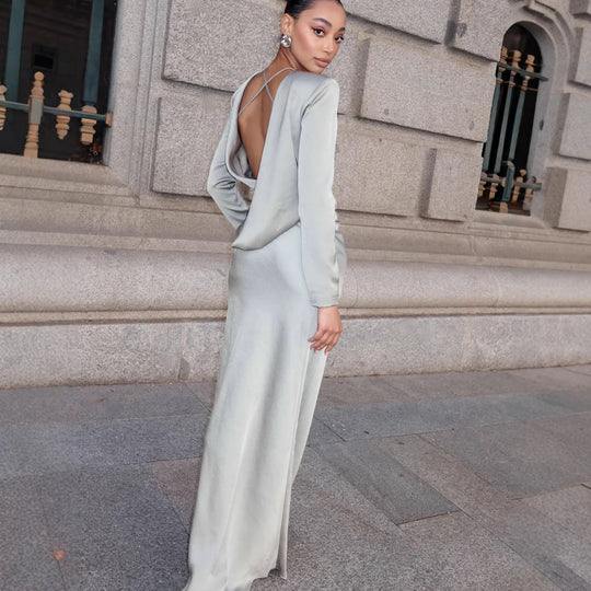 Damen Elegantes Langarmkleid mit glänzendem Satin-Obermaterial und figurbetonter Silhouette R&B