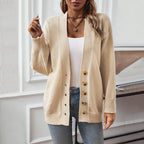 Damen gemütliche Strickjacke mit Knopfdetails und tiefem V-Ausschnitt