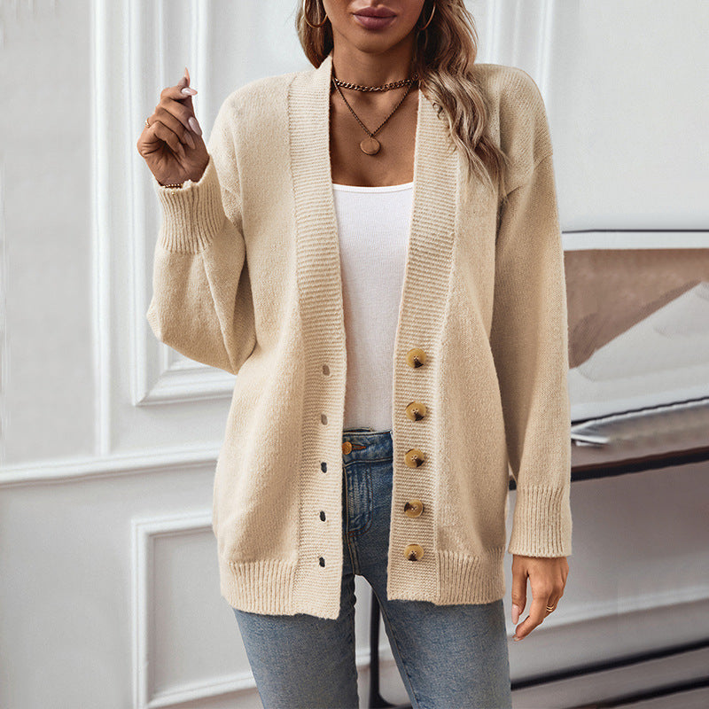 Damen gemütliche Strickjacke mit Knopfdetails und tiefem V-Ausschnitt
