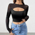 Damen nan Lagen-Crop-Top mit Brust-Cut-Out, Bustier-Innenlage und transparenten Langärmeln R&B