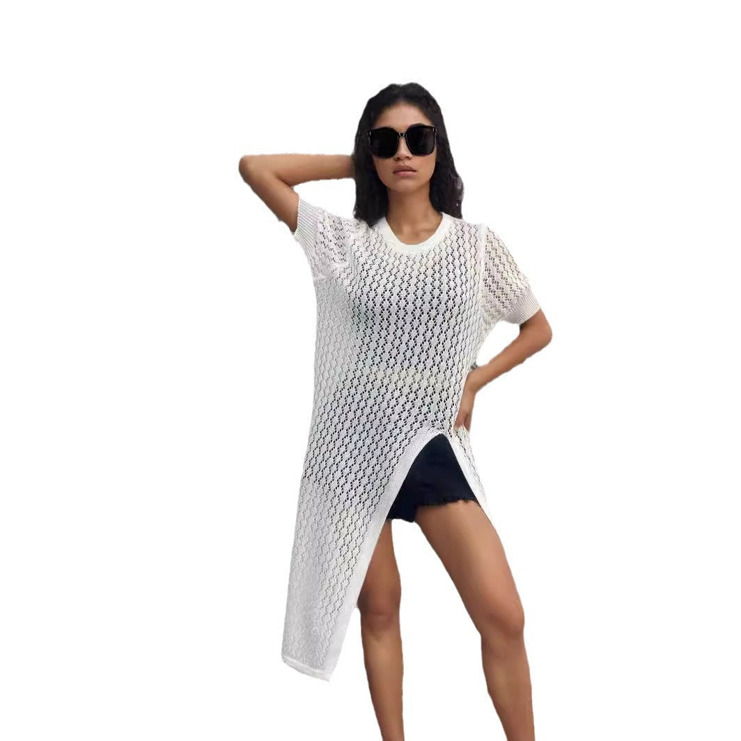 Damen Langer Strick-Kimono mit offenem Design und atmungsaktiver Maschenstruktur R&B