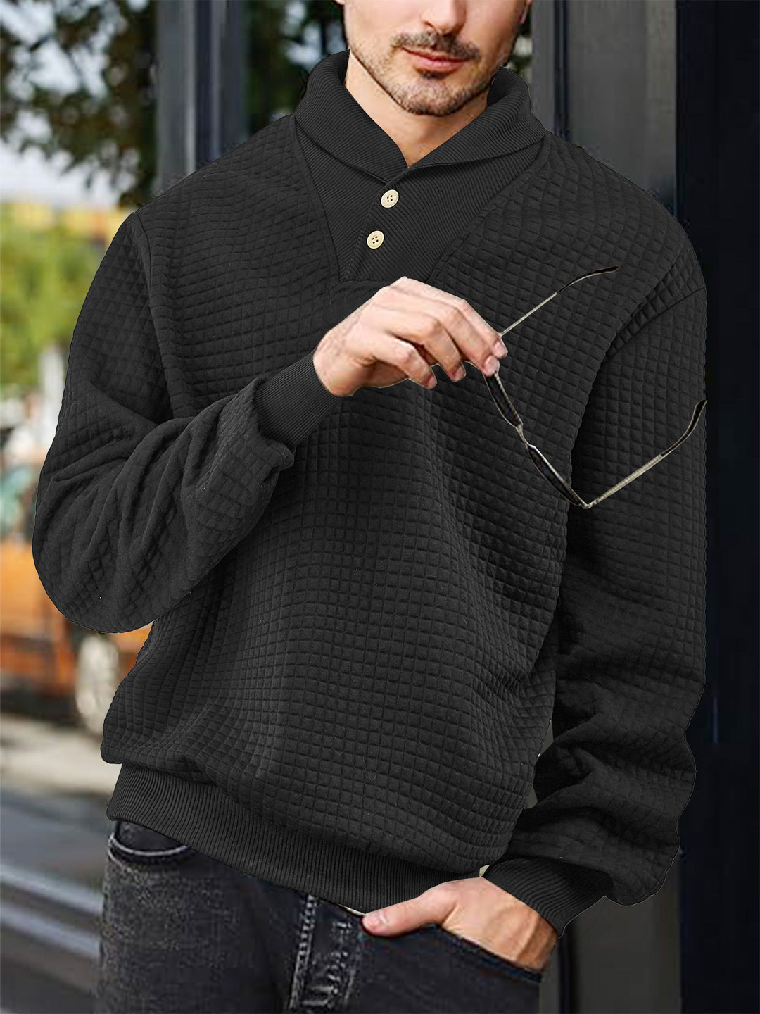 Herren nan eleganter Strickpullover mit Schalkragen, Knopfleiste am Ausschnitt und Karo-Waffelstruktur R&B